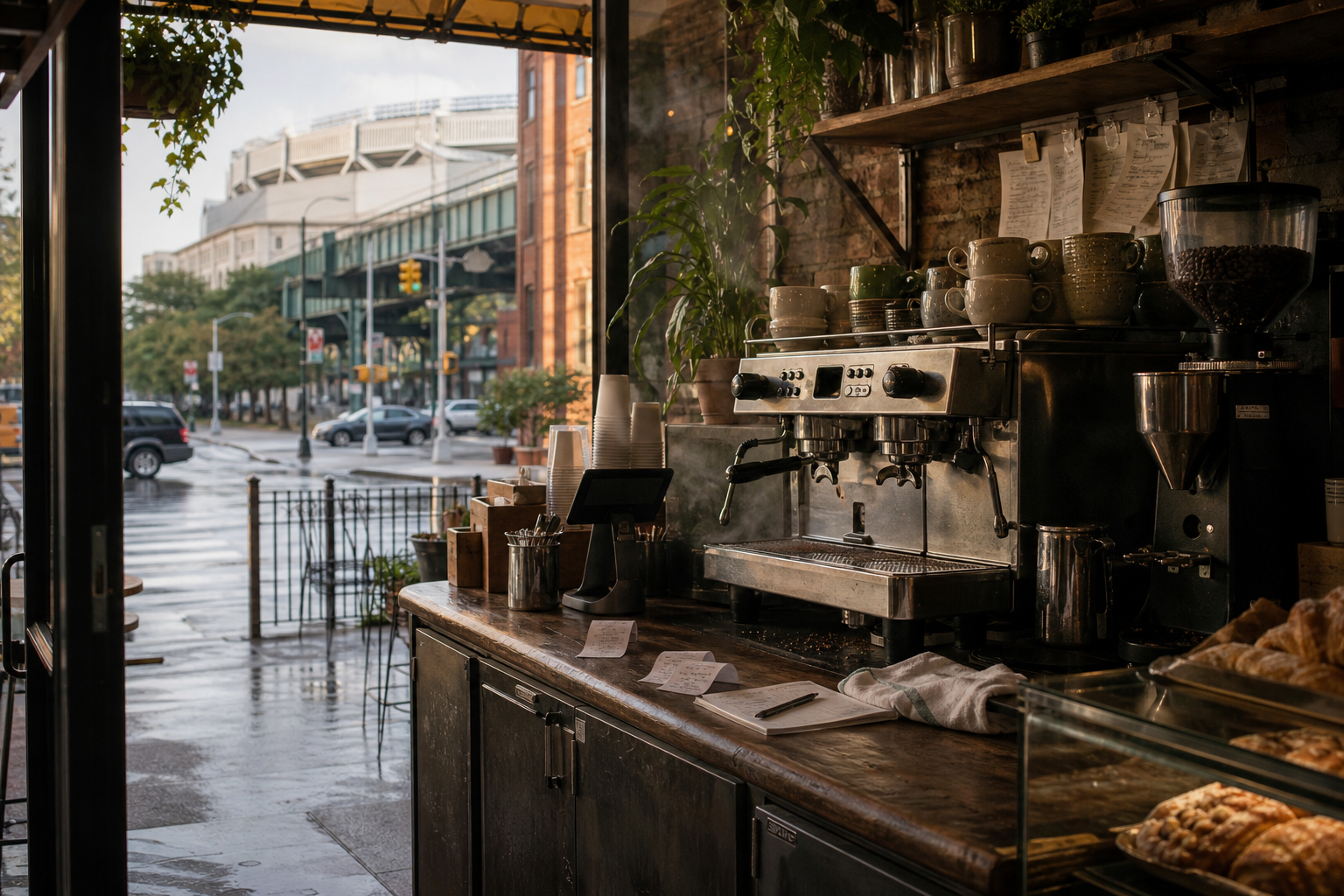 Bronx coffee shop interior with NY morning light around the espresso bar.