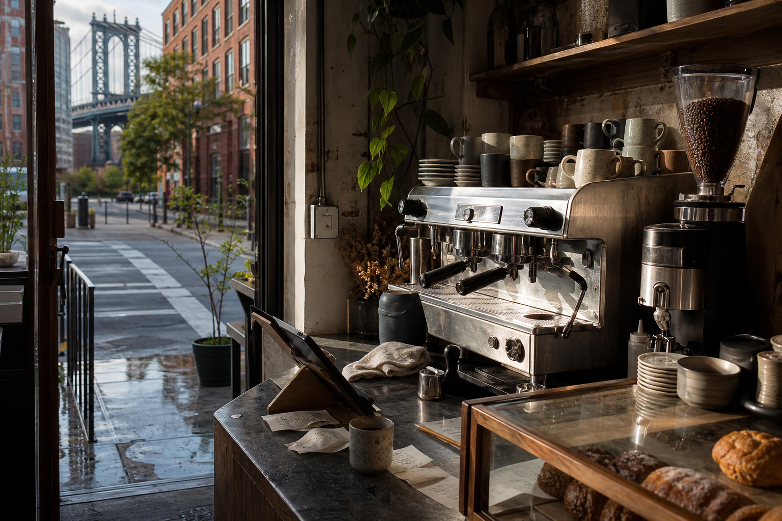 Brooklyn coffee shop interior with NY morning light around the espresso bar.
