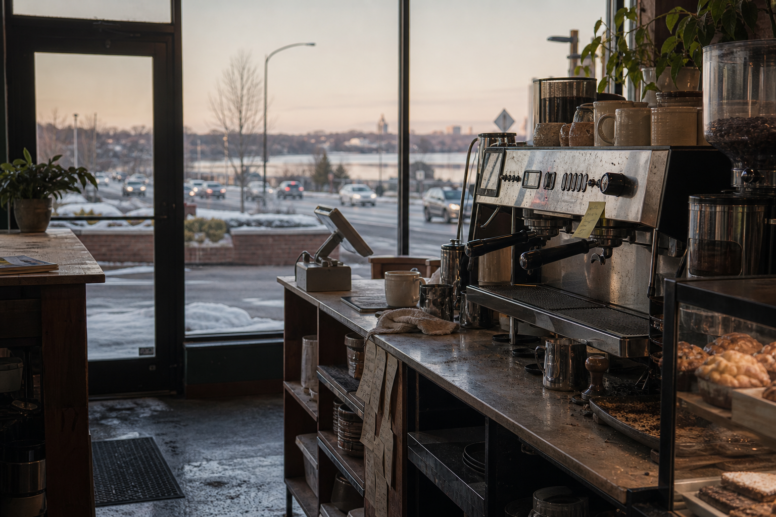 Brooklyn Park coffee shop interior with MN morning light around the espresso bar.