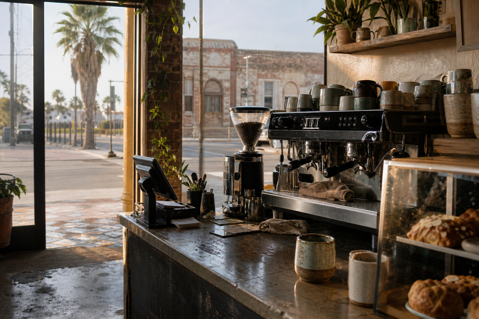 Independent Brownsville coffee shop interior with Hill Country morning light, drip station in the middle distance