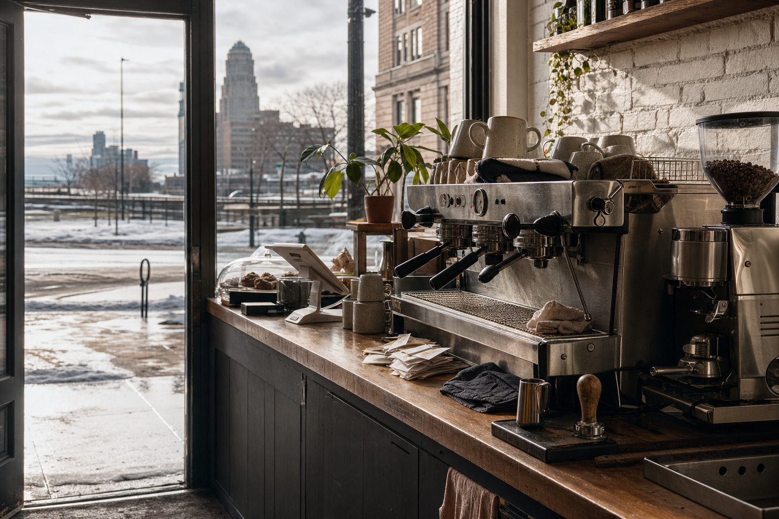 Buffalo coffee shop interior with NY morning light around the espresso bar.