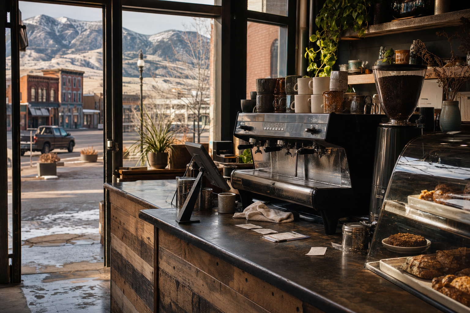 Independent Buffalo coffee shop interior with Rocky Mountain morning light, pastry case in the corner