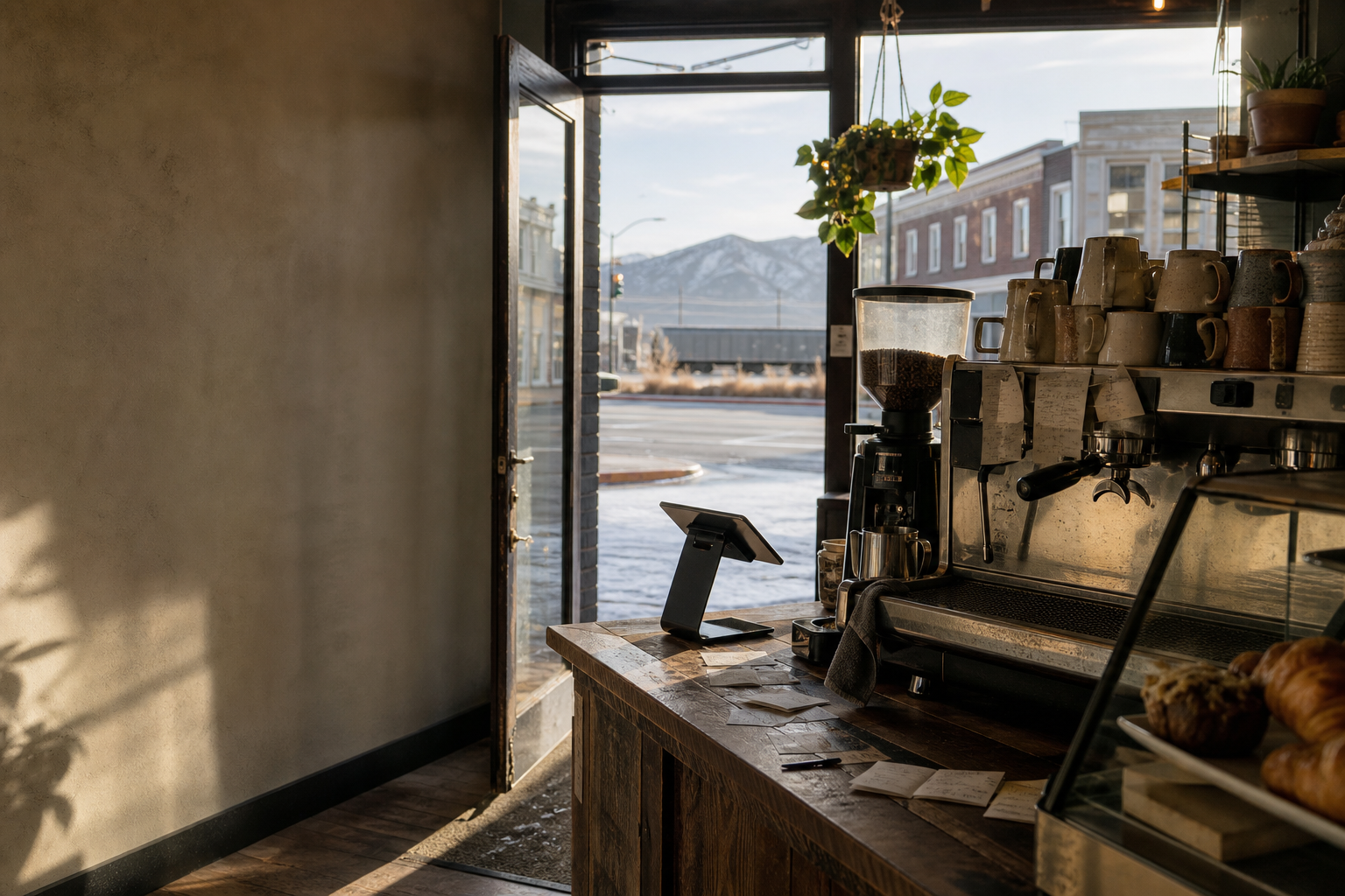 Independent Burley coffee shop interior with high-desert morning light, chemex pour-over in the corner