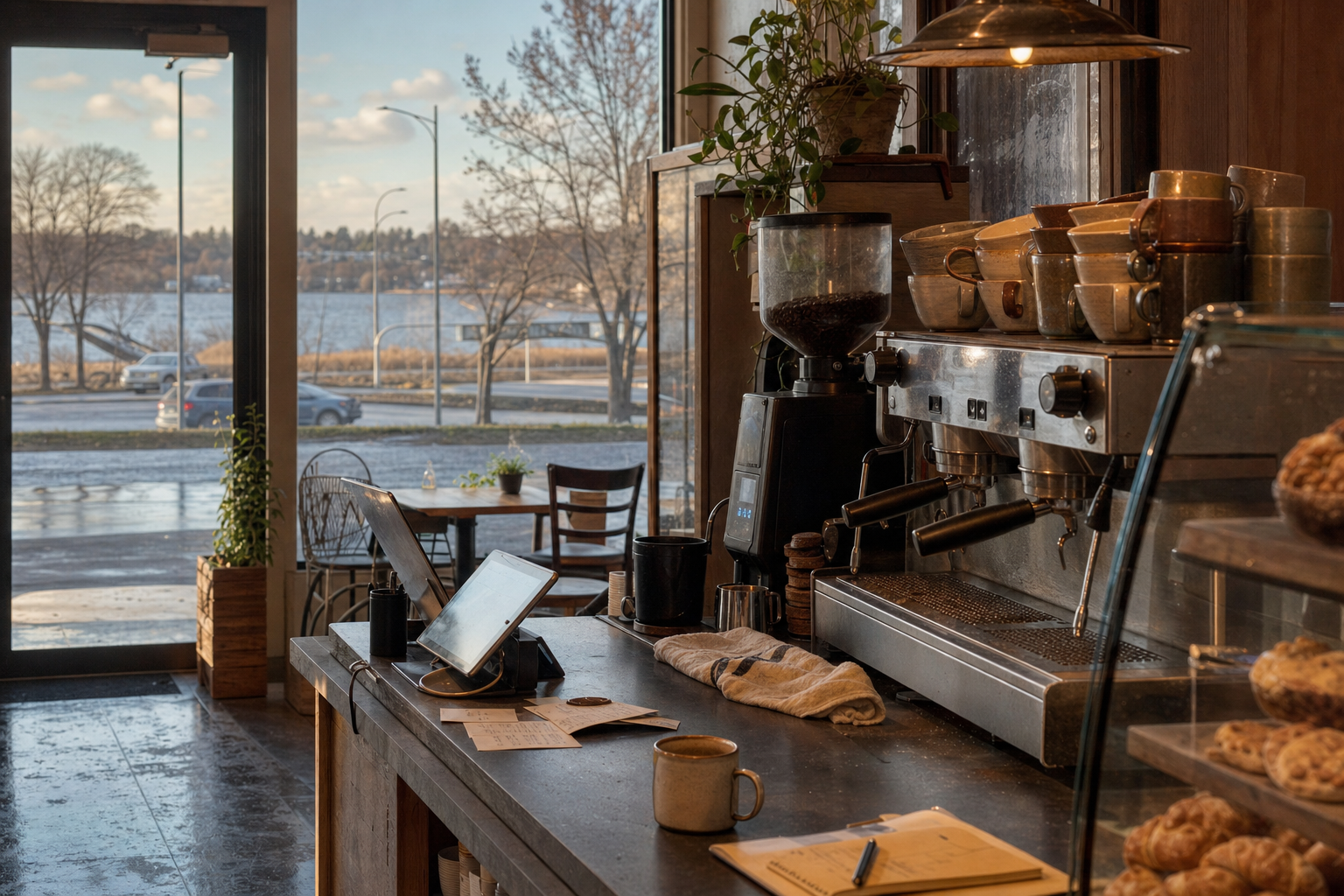 Independent Burnsville coffee shop interior with Midwest hardwood morning light, pastry case in the middle distance