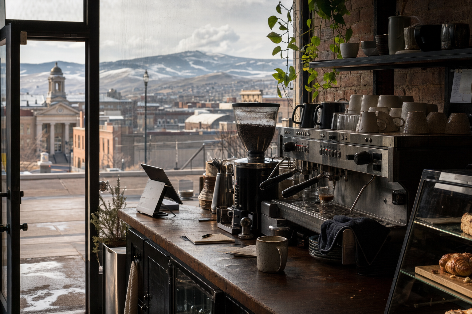 Independent Butte coffee shop interior with Rocky Mountain morning light, espresso machine in the foreground