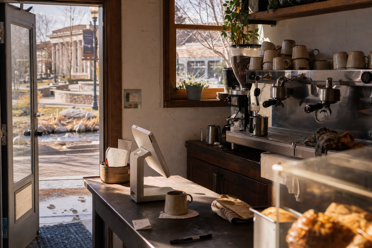 Independent Caldwell coffee shop interior with high-desert morning light, pastry case in the middle distance