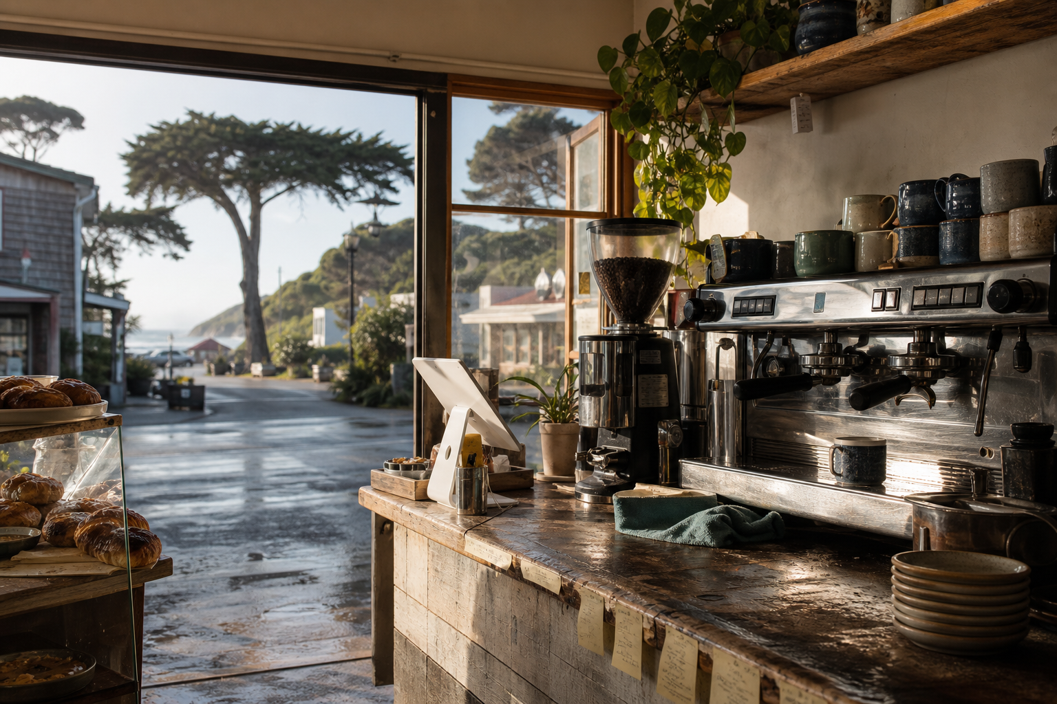 Cambria coffee shop interior with CA morning light around the espresso bar.