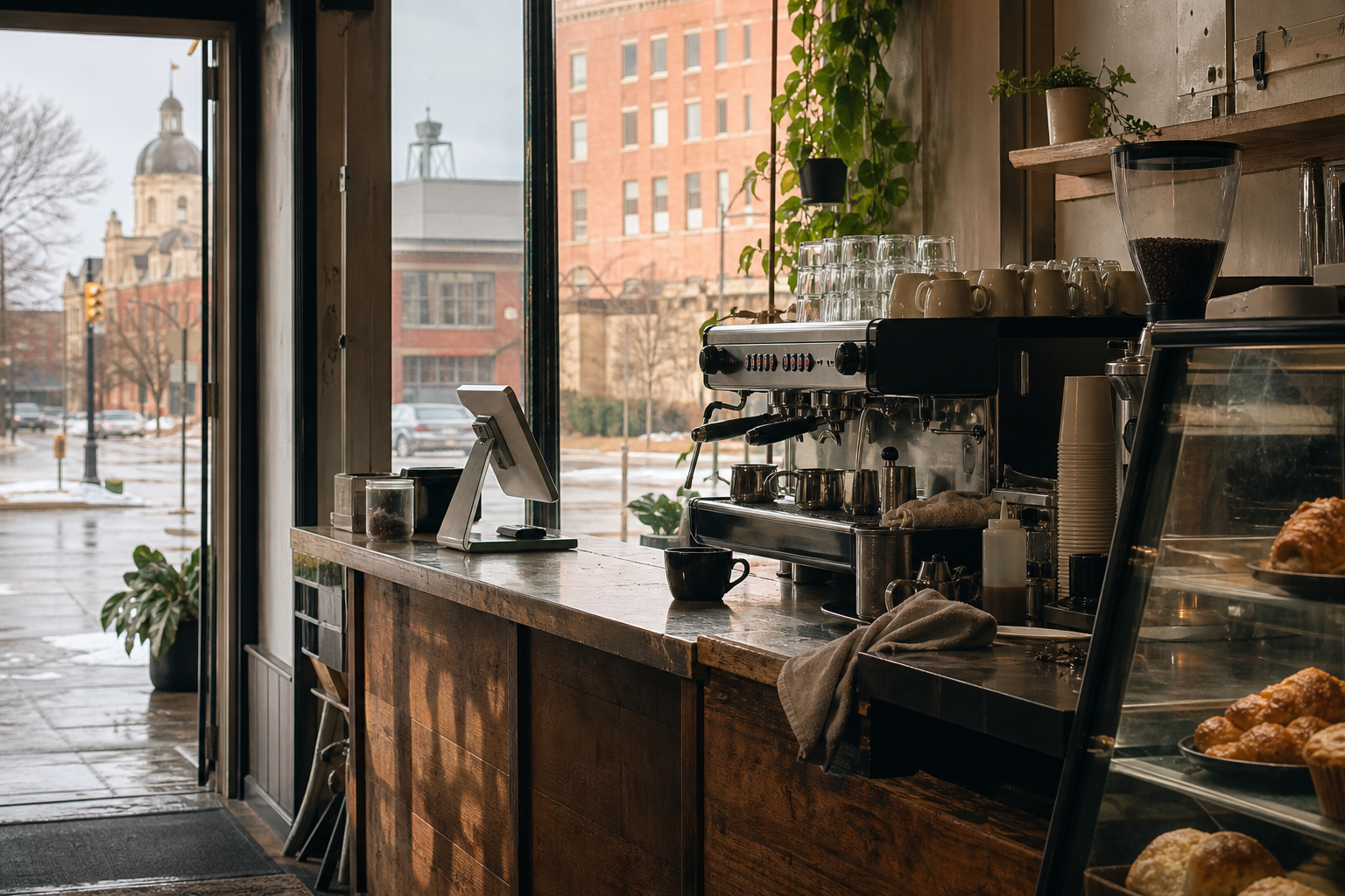 Independent Canton coffee shop interior with Midwest hardwood morning light, pastry case in the foreground