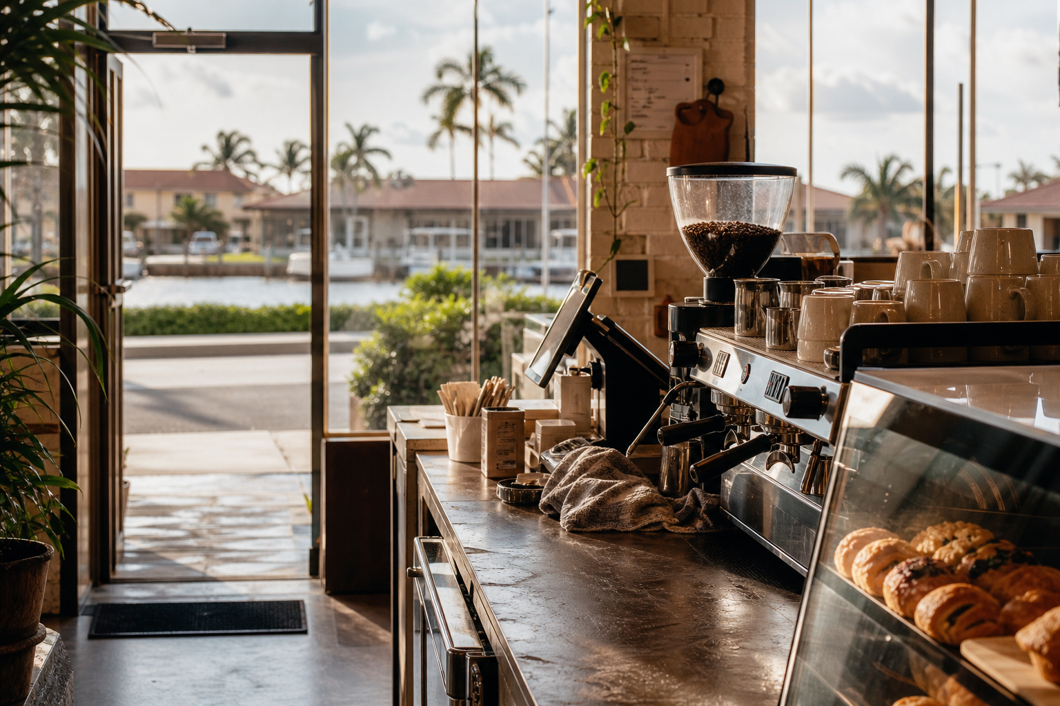 Independent Cape Coral coffee shop interior with Gulf-light morning, espresso machine in the middle distance