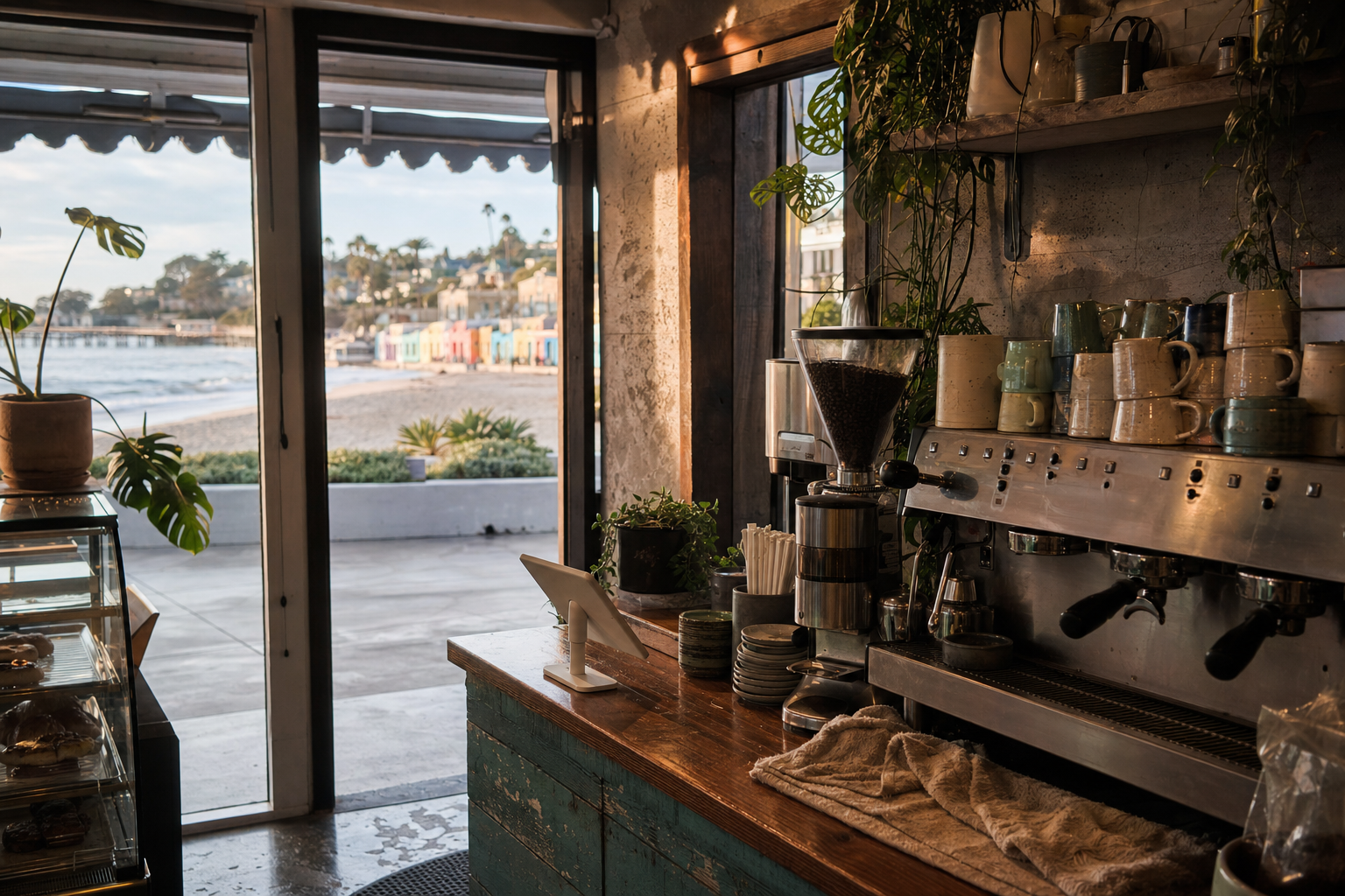 Independent Capitola coffee shop interior with Pacific morning light, pastry case in the corner
