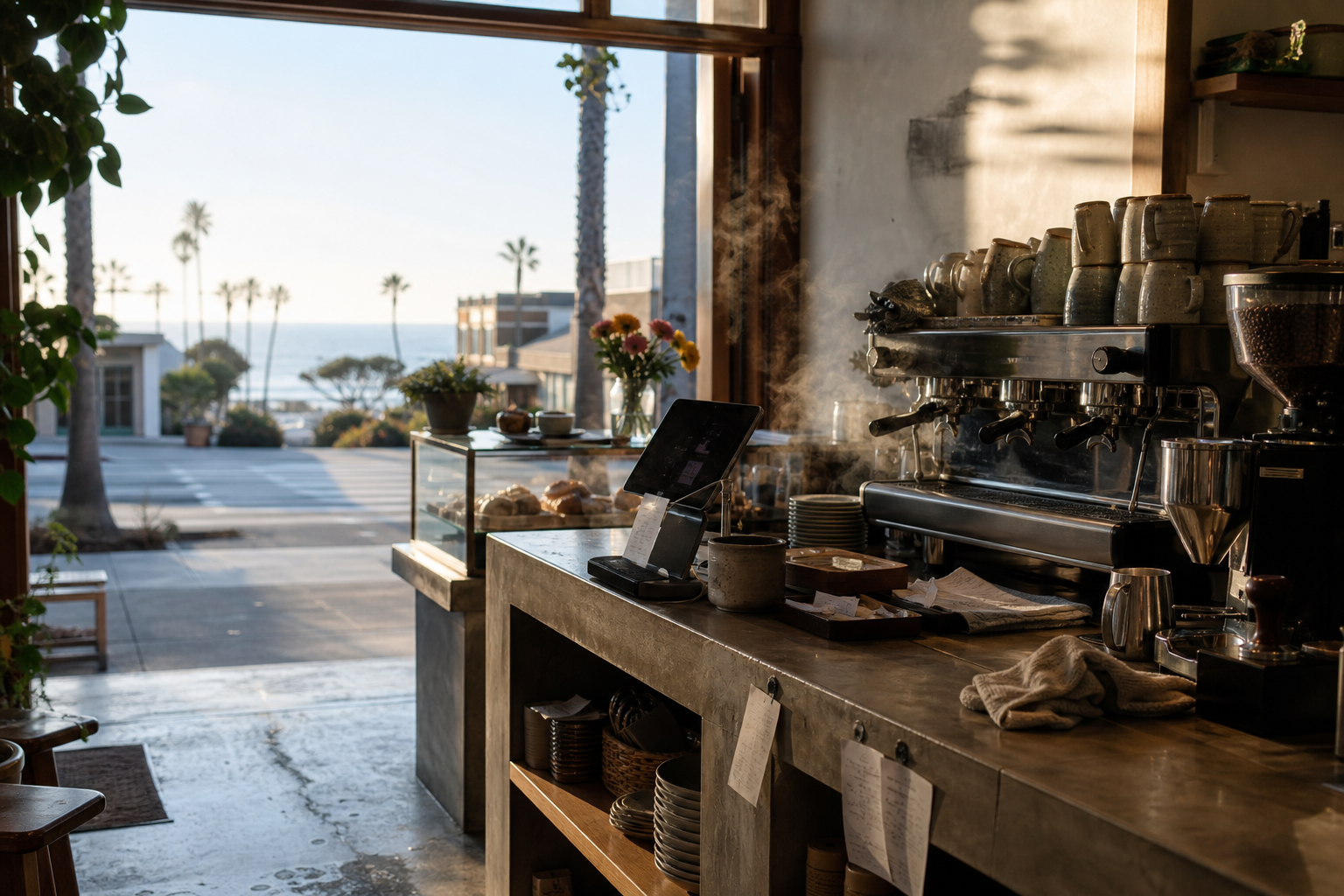 Independent Carlsbad coffee shop interior with Pacific morning light, drip station in the foreground