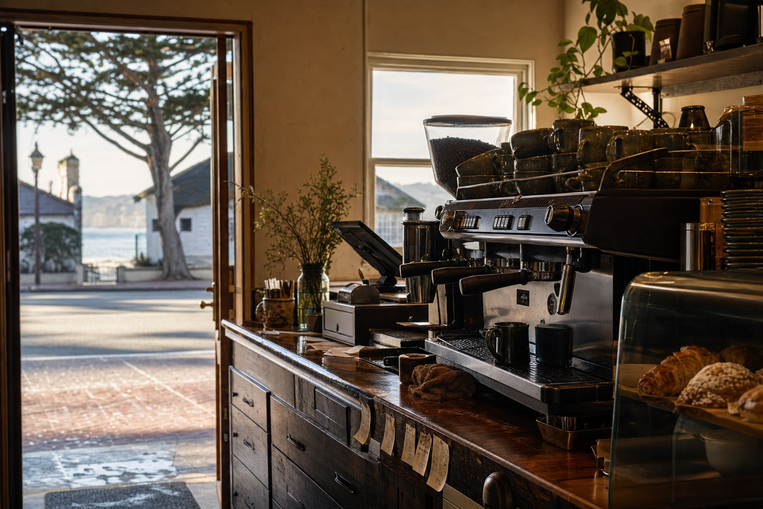 Independent Carmel By The Sea coffee shop interior with Pacific morning light, drip station in the middle distance
