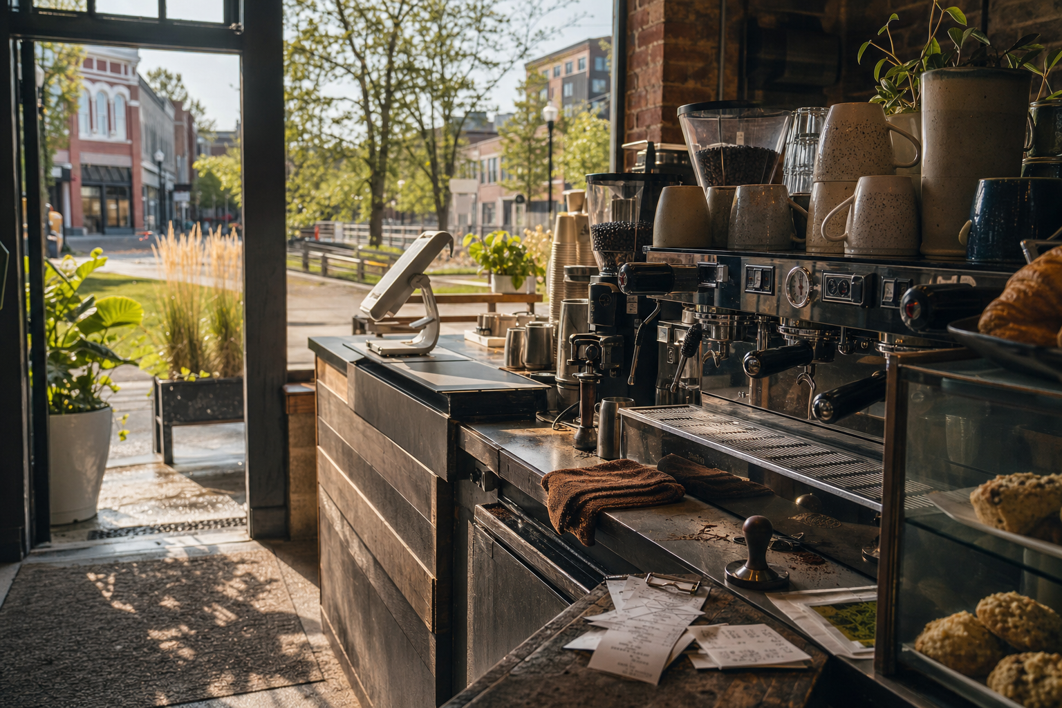 Independent Carmel coffee shop interior with Midwest hardwood morning light, drip station in the middle distance