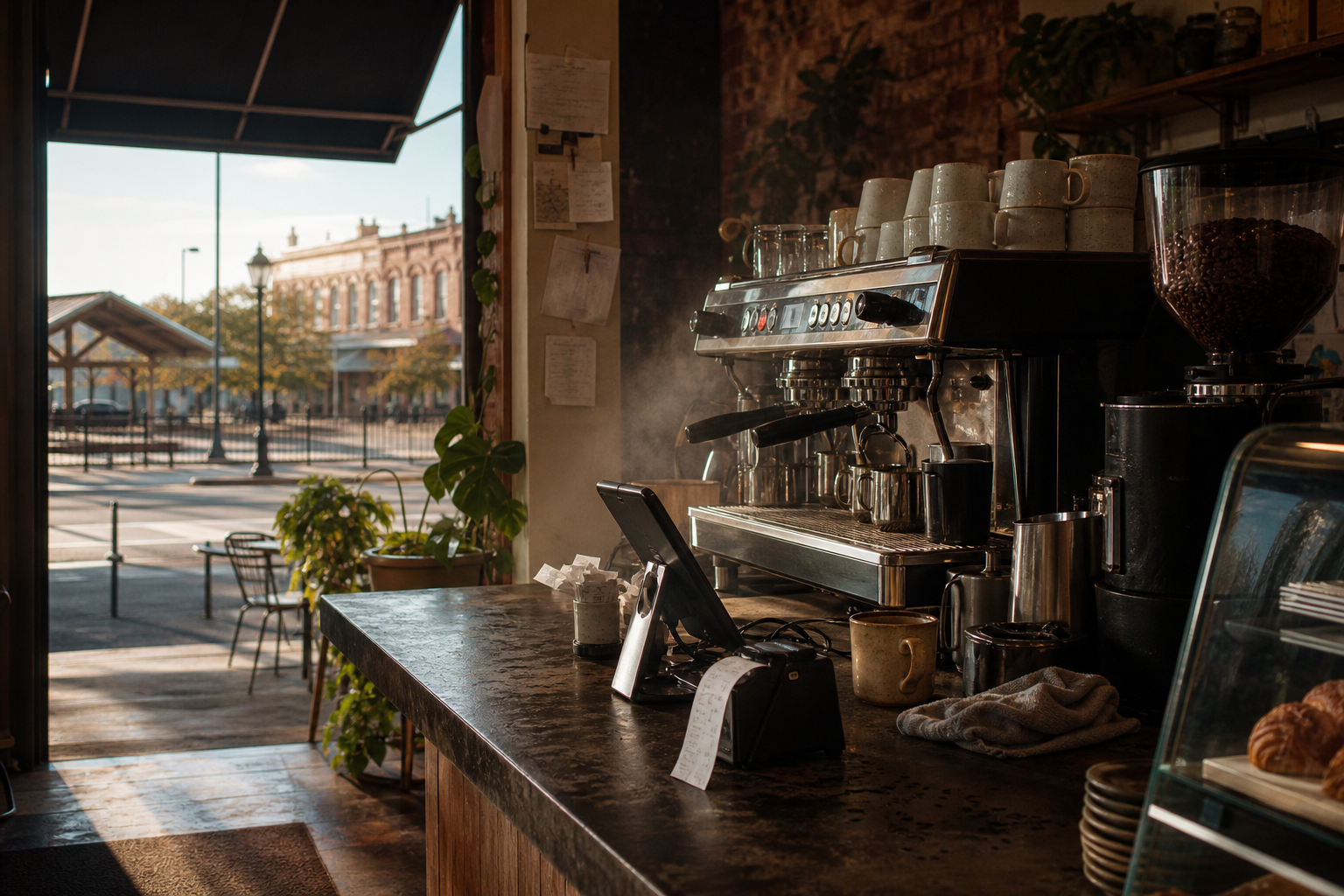 Independent Carrollton coffee shop interior with Hill Country morning light, drip station in the middle distance