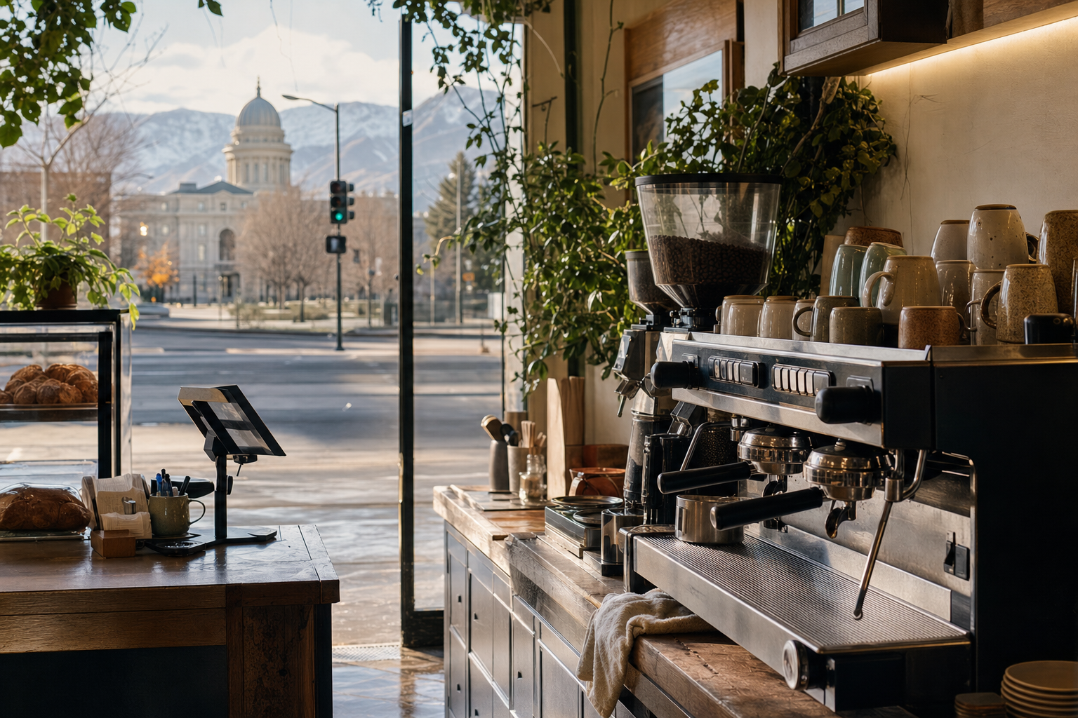 Independent Carson City coffee shop interior with warm desert morning light, drip station in the foreground