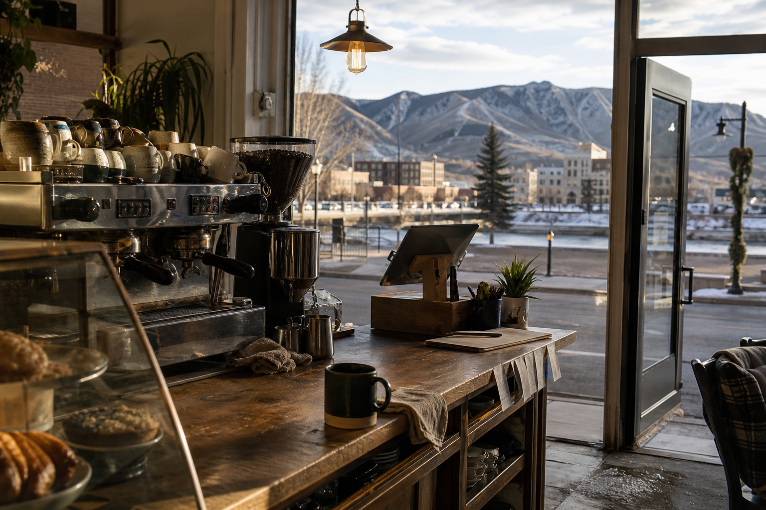 Independent Casper coffee shop interior with Rocky Mountain morning light, pastry case in the middle distance