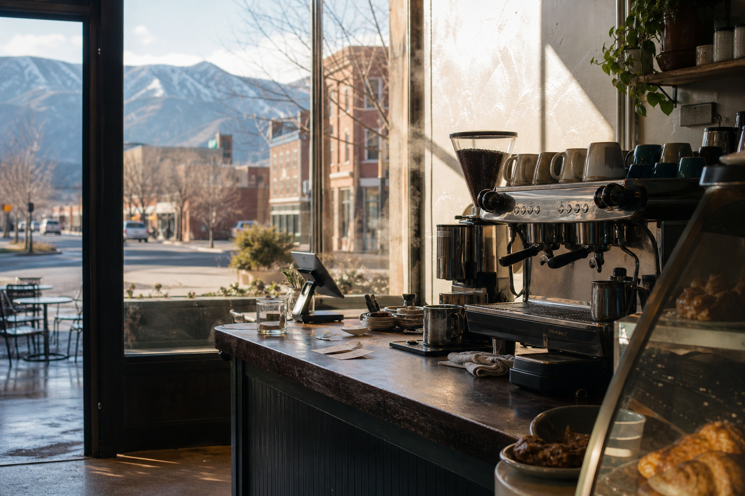 Independent Cedar City coffee shop interior with warm desert morning light, espresso machine in the foreground