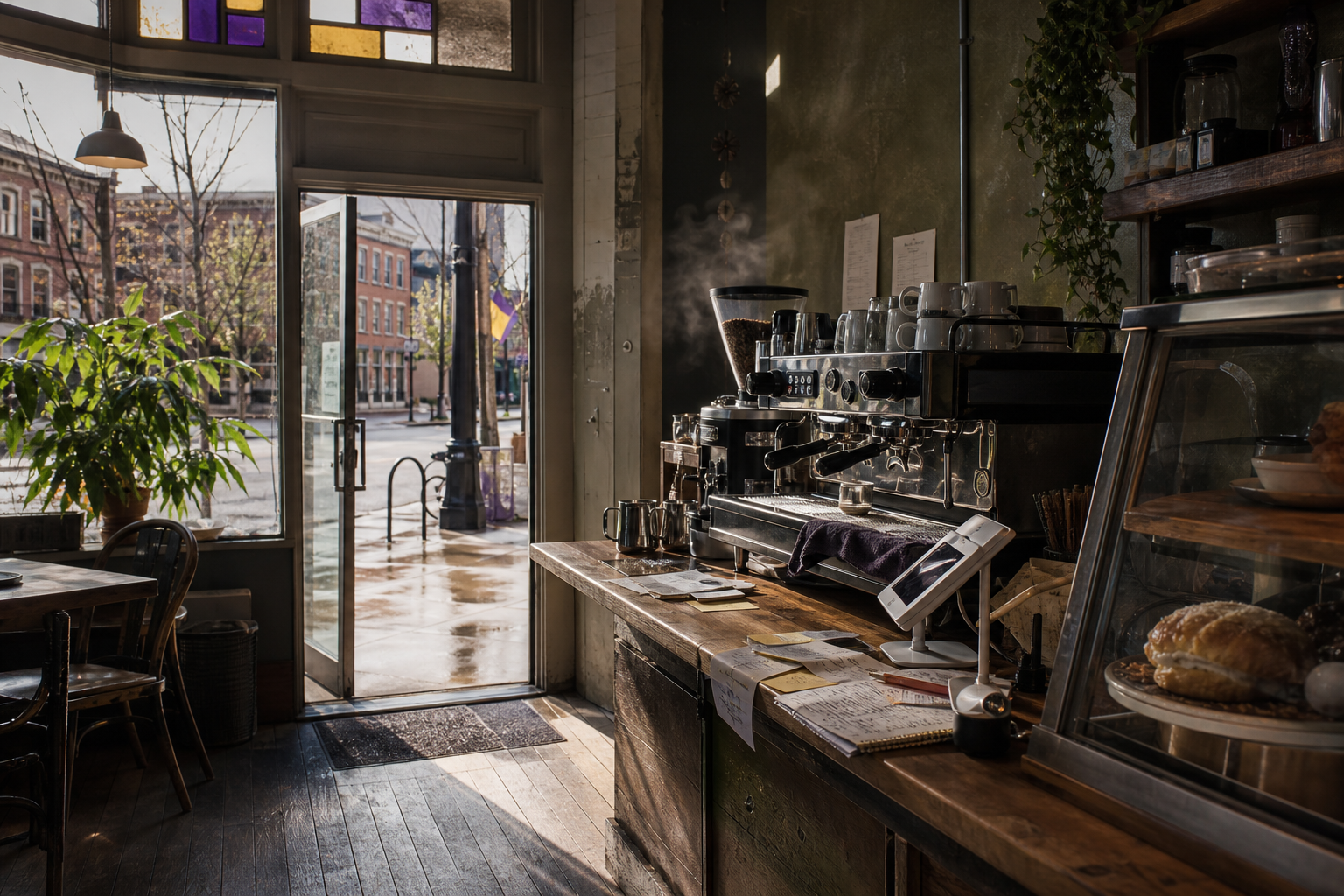 Cedar Falls coffee shop interior with IA morning light around the espresso bar.