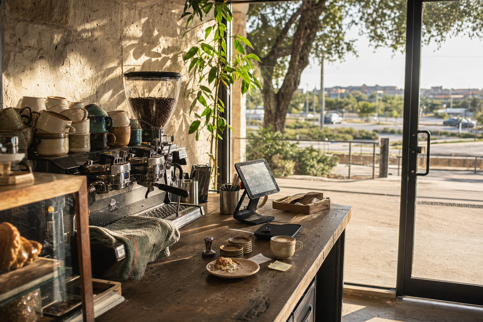Independent Cedar Park coffee shop interior with Hill Country morning light, espresso machine in the middle distance
