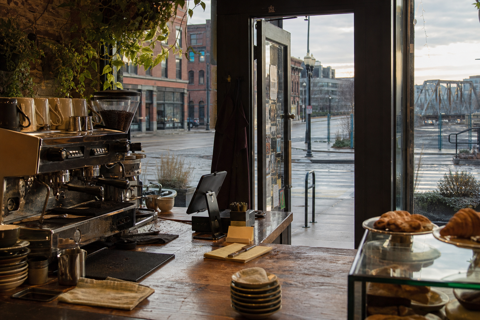 Independent Cedar Rapids coffee shop interior with Midwest hardwood morning light, drip station in the foreground