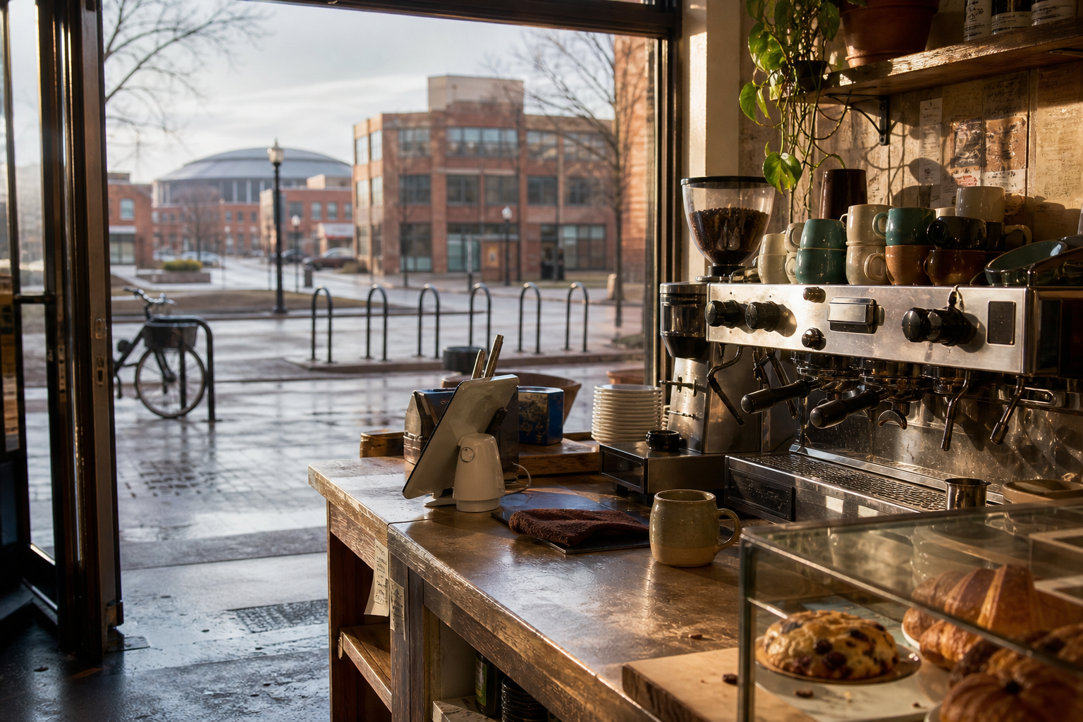 Independent Champaign coffee shop interior with Midwest hardwood morning light, drip station in the middle distance