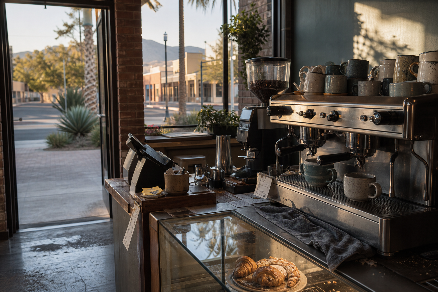 Independent Chandler coffee shop interior with warm desert morning light, drip station in the corner