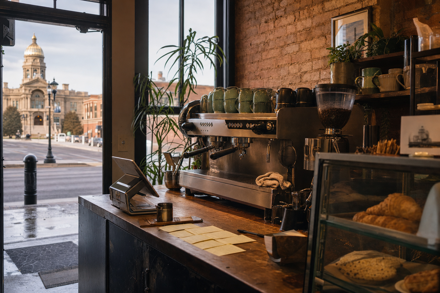 Independent Cheyenne coffee shop interior with Rocky Mountain morning light, pastry case in the foreground