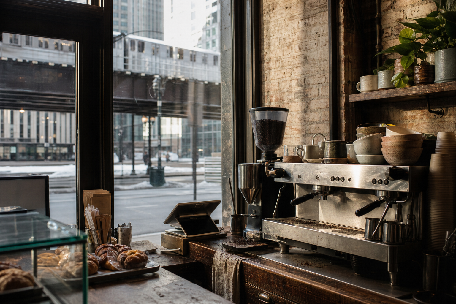 Independent Chicago coffee shop interior with Midwest hardwood morning light, pastry case in the middle distance