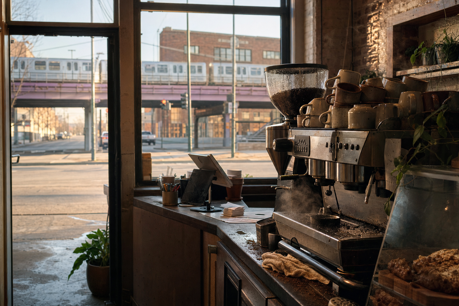 Independent Cicero coffee shop interior with Midwest hardwood morning light, drip station in the middle distance