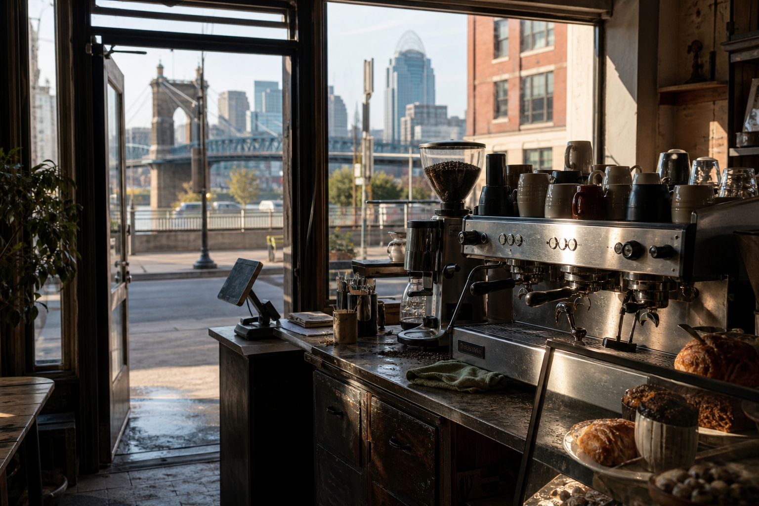Independent Cincinnati coffee shop interior with Midwest hardwood morning light, chemex pour-over in the middle distance