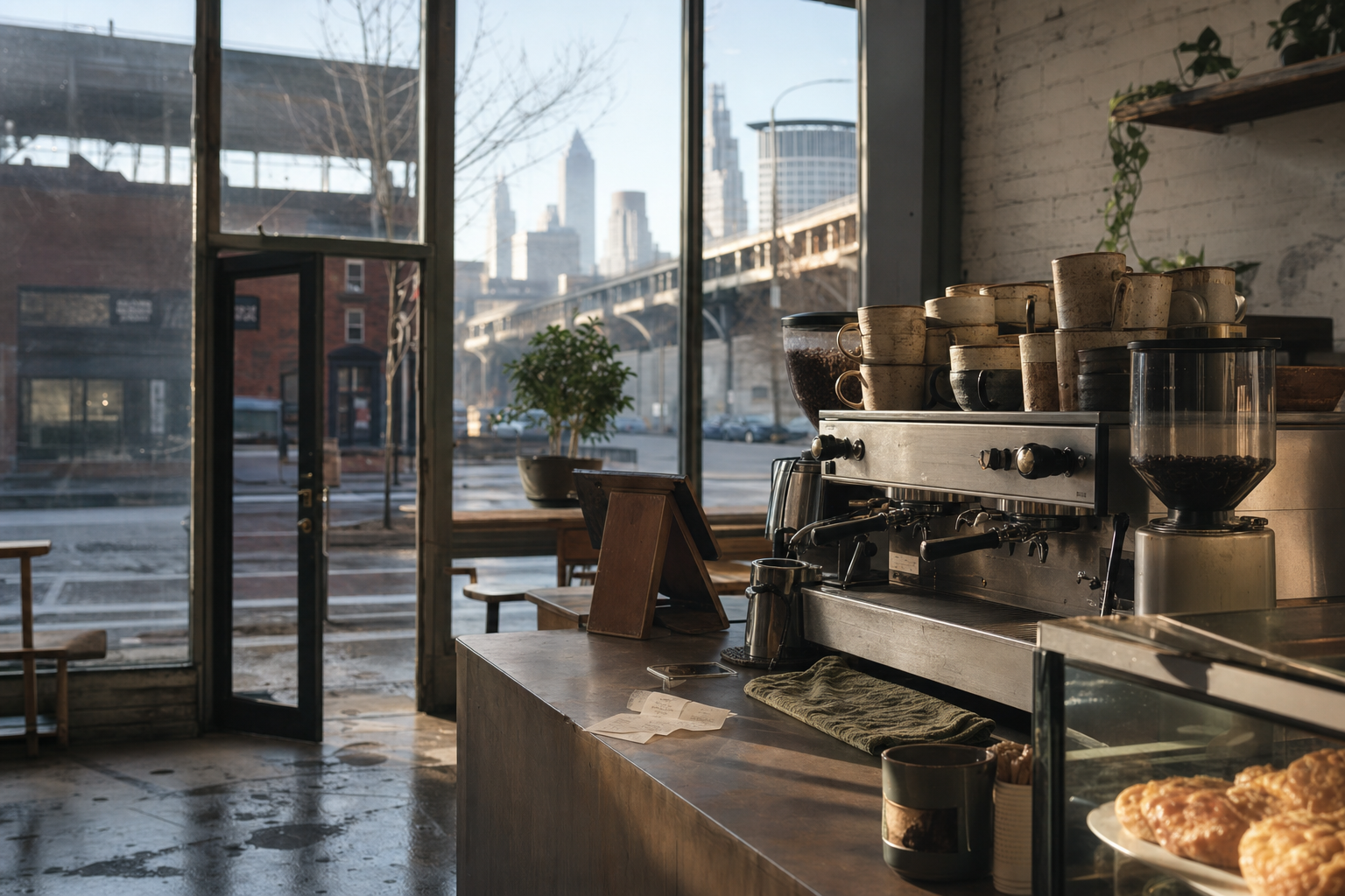 Independent Cleveland coffee shop interior with Midwest hardwood morning light, espresso machine in the foreground