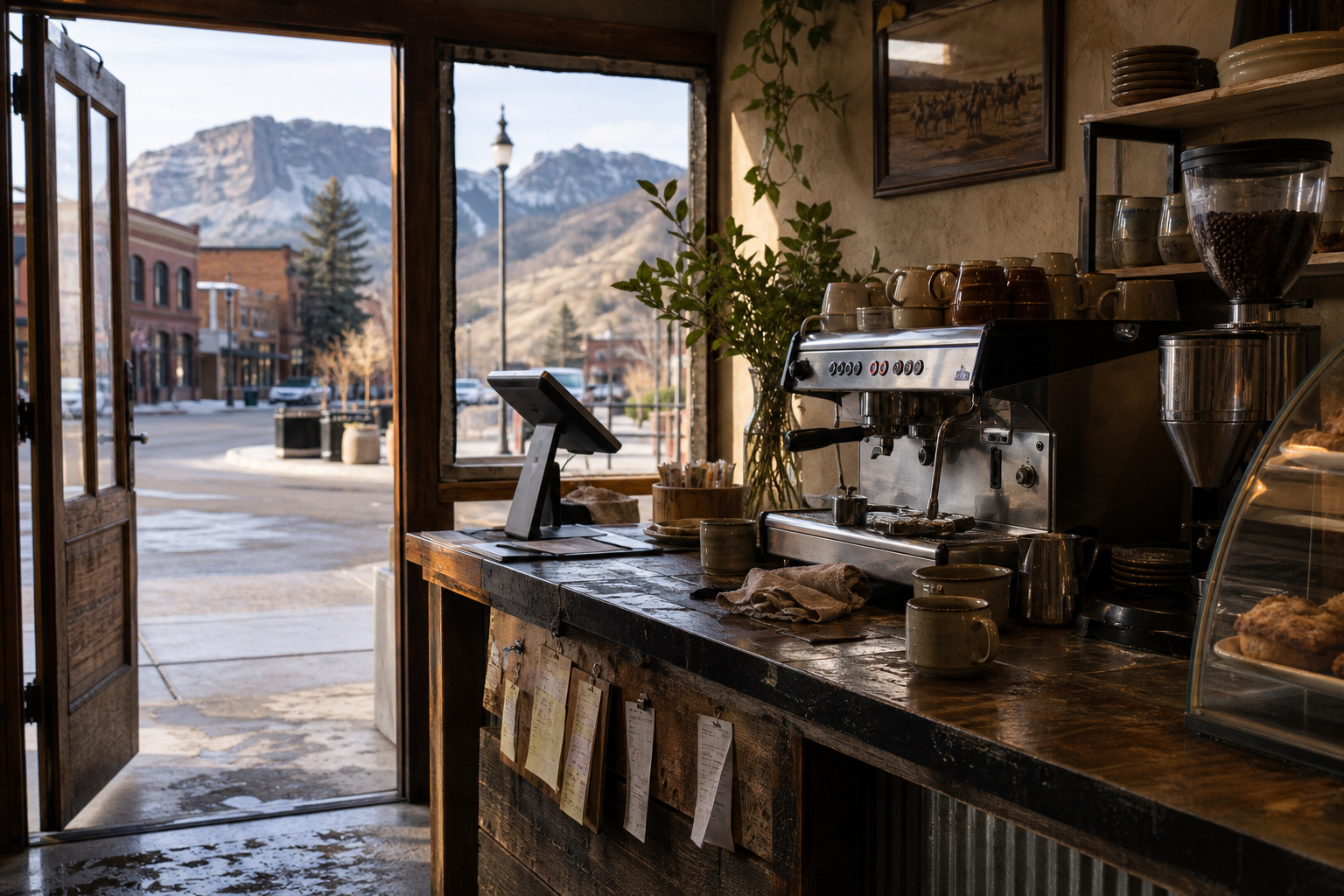 Independent Cody coffee shop interior with Rocky Mountain morning light, chemex pour-over in the middle distance