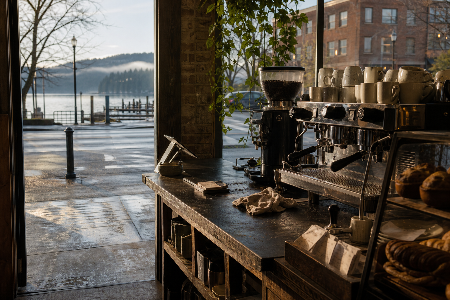 Independent Coeur Dalene coffee shop interior with high-desert morning light, drip station in the corner