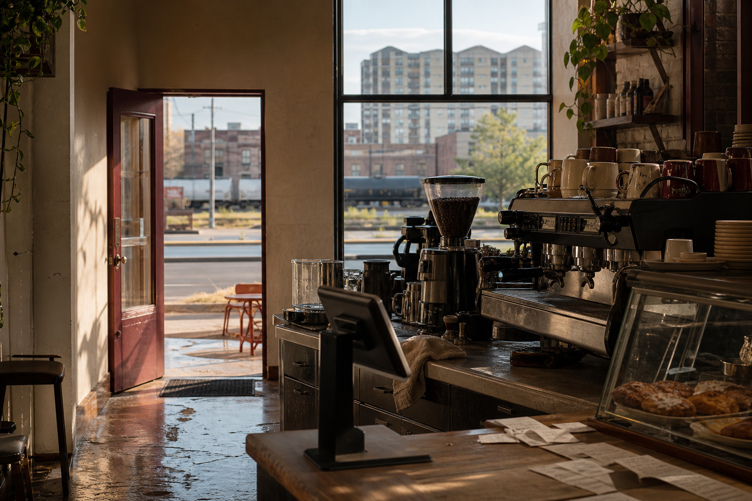 Independent College Station coffee shop interior with Hill Country morning light, pastry case in the middle distance