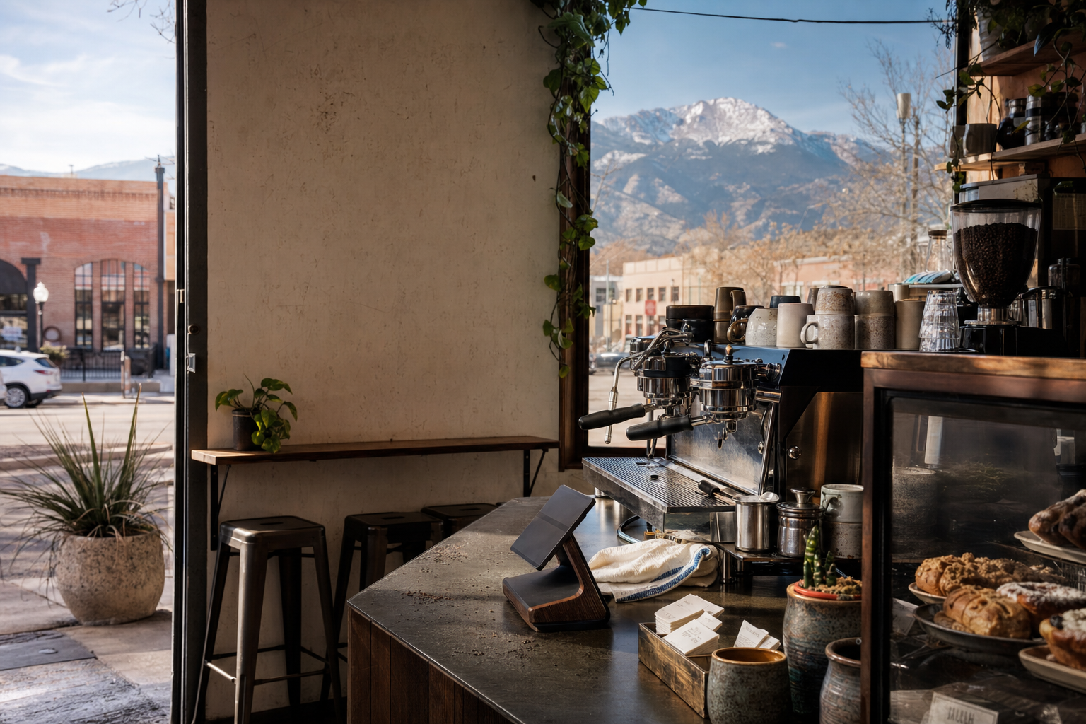 Independent Colorado Springs coffee shop interior with warm Front Range morning light, espresso machine in the corner