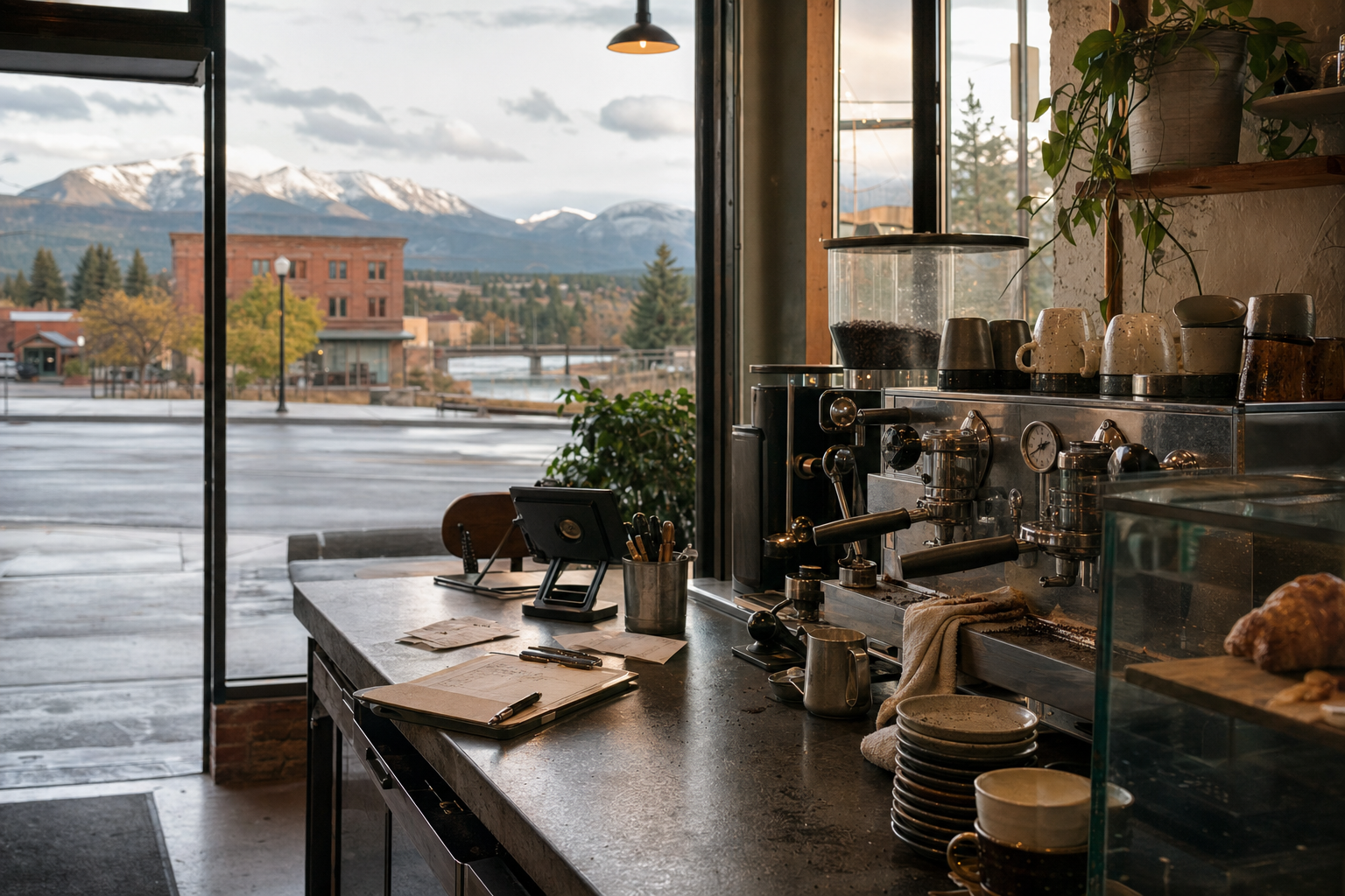 Independent Columbia Falls coffee shop interior with Rocky Mountain morning light, pastry case in the middle distance