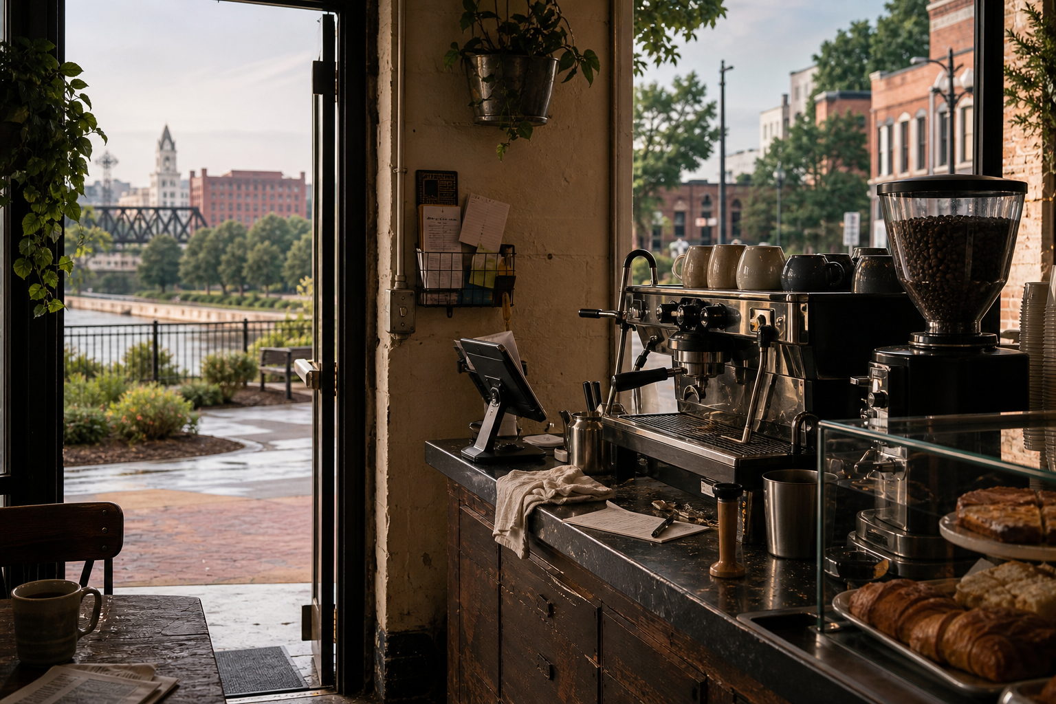 Independent Columbus coffee shop interior with red-clay morning light, chemex pour-over in the middle distance