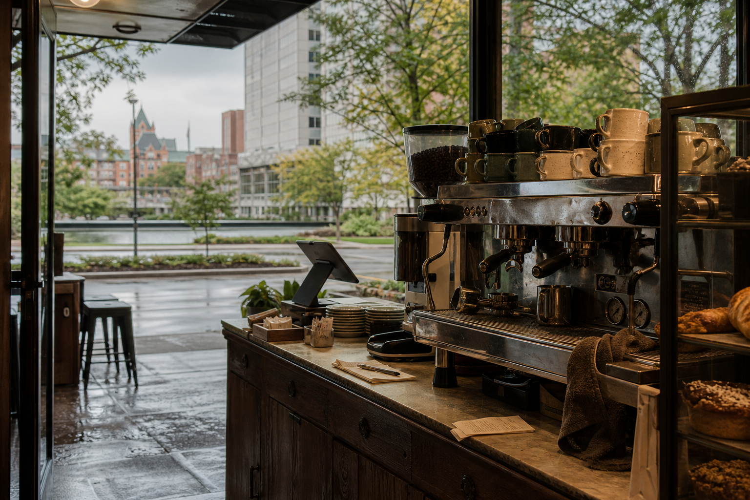 Independent Columbus coffee shop interior with Midwest hardwood morning light, pastry case in the middle distance