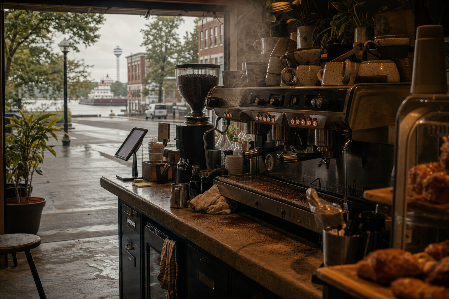 Independent Columbus coffee shop interior with humid Southern morning light, espresso machine in the middle distance