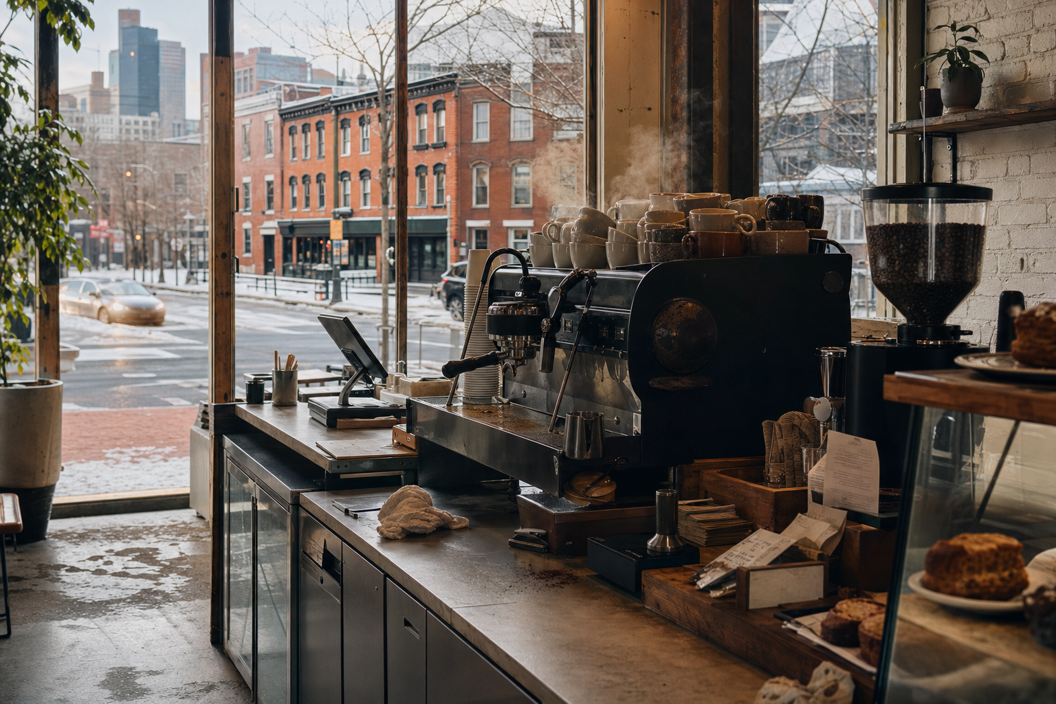 Independent Columbus coffee shop interior with Midwest hardwood morning light, drip station in the middle distance
