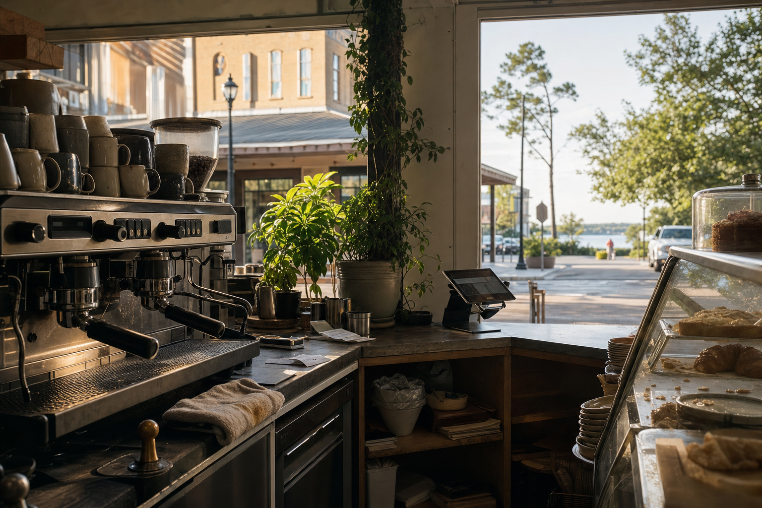 Independent Conroe coffee shop interior with Hill Country morning light, chemex pour-over in the middle distance