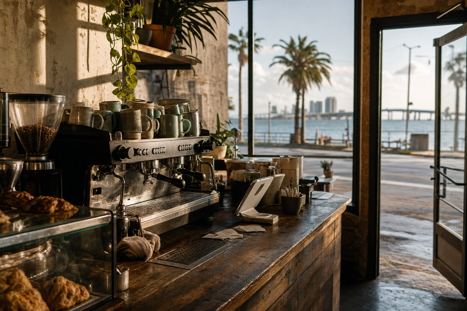 Independent Corpus Christi coffee shop interior with Hill Country morning light, pastry case in the middle distance