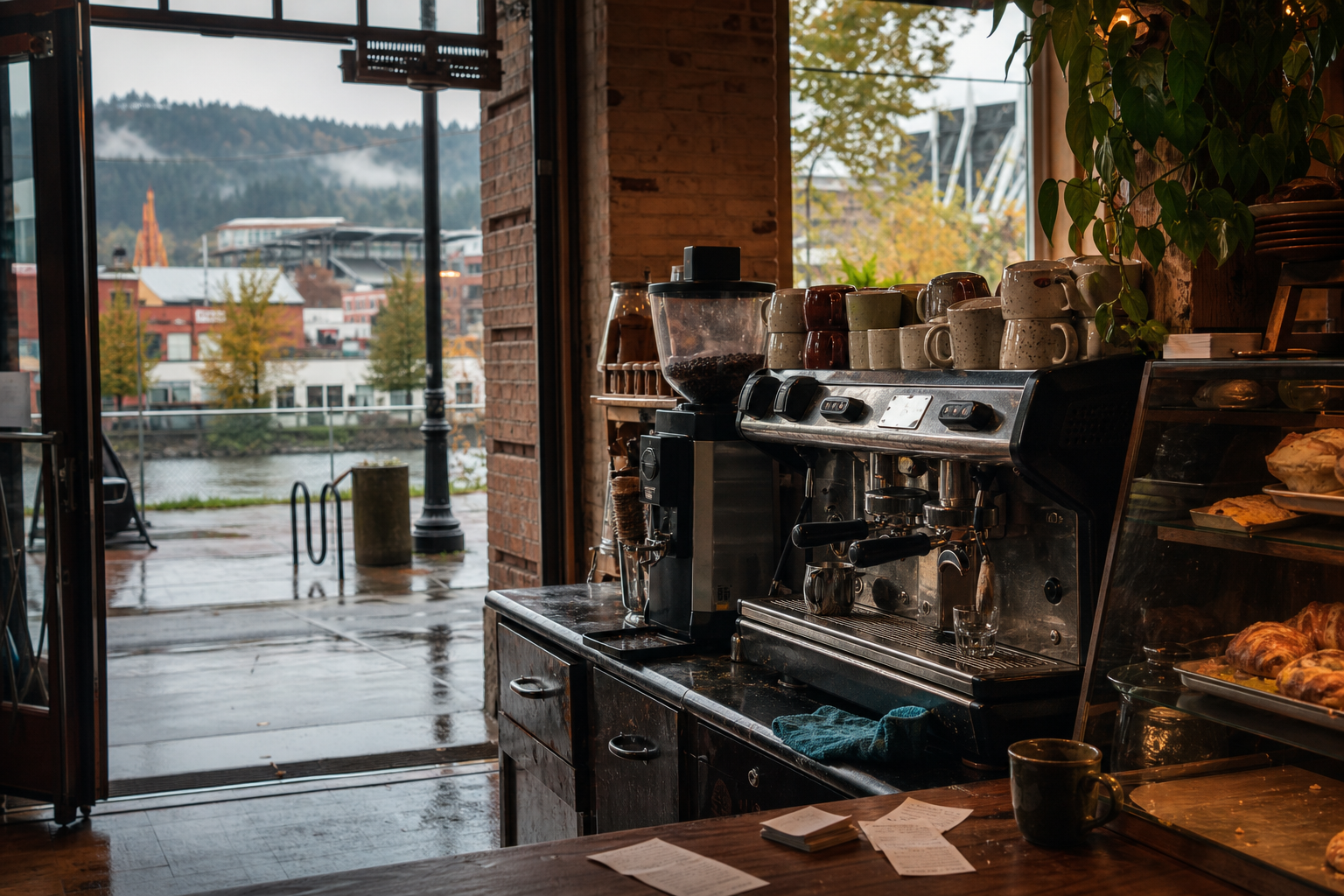 Independent Corvallis coffee shop interior with fog-filtered morning light, espresso machine in the corner