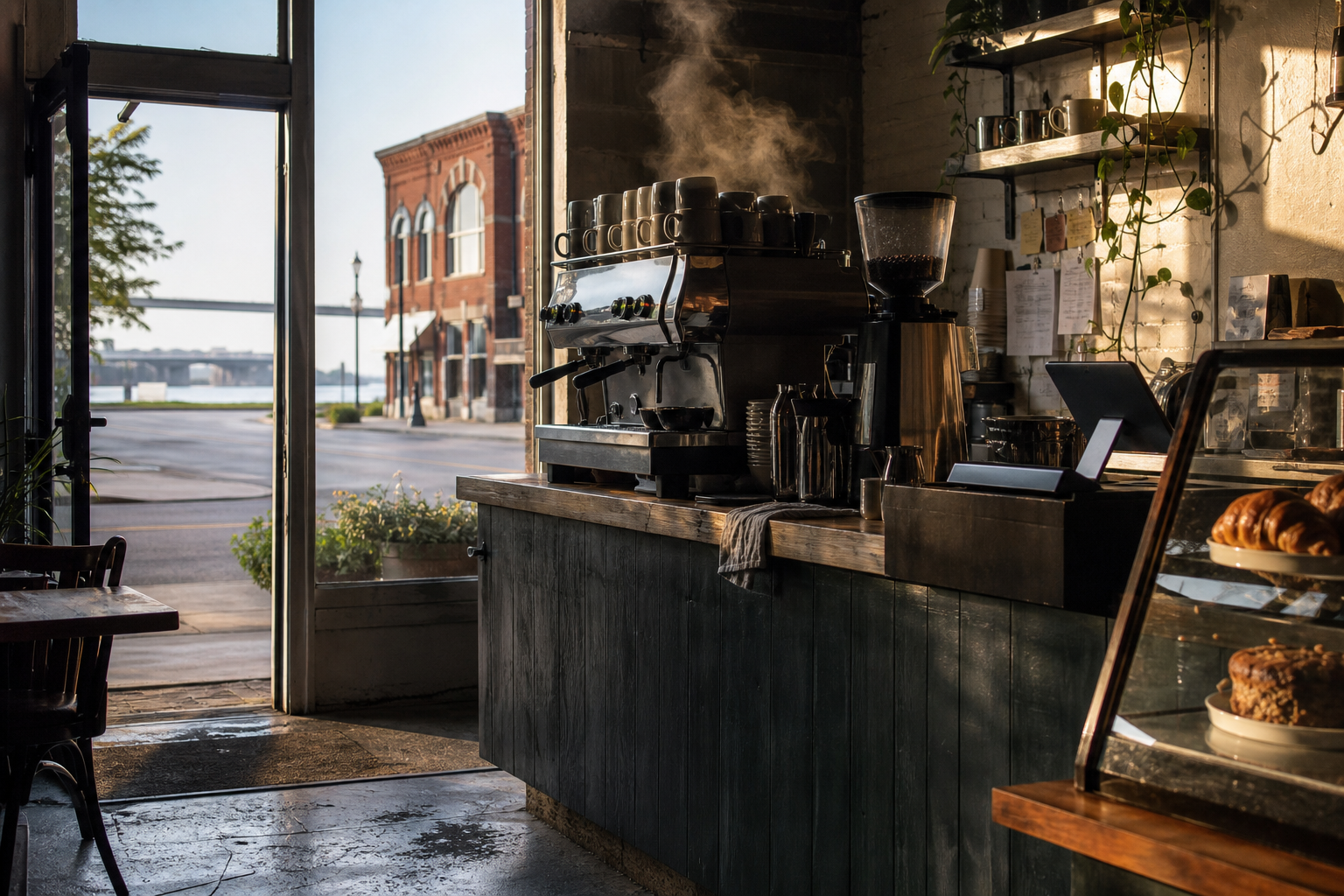 Independent Council Bluffs coffee shop interior with Midwest hardwood morning light, drip station in the middle distance