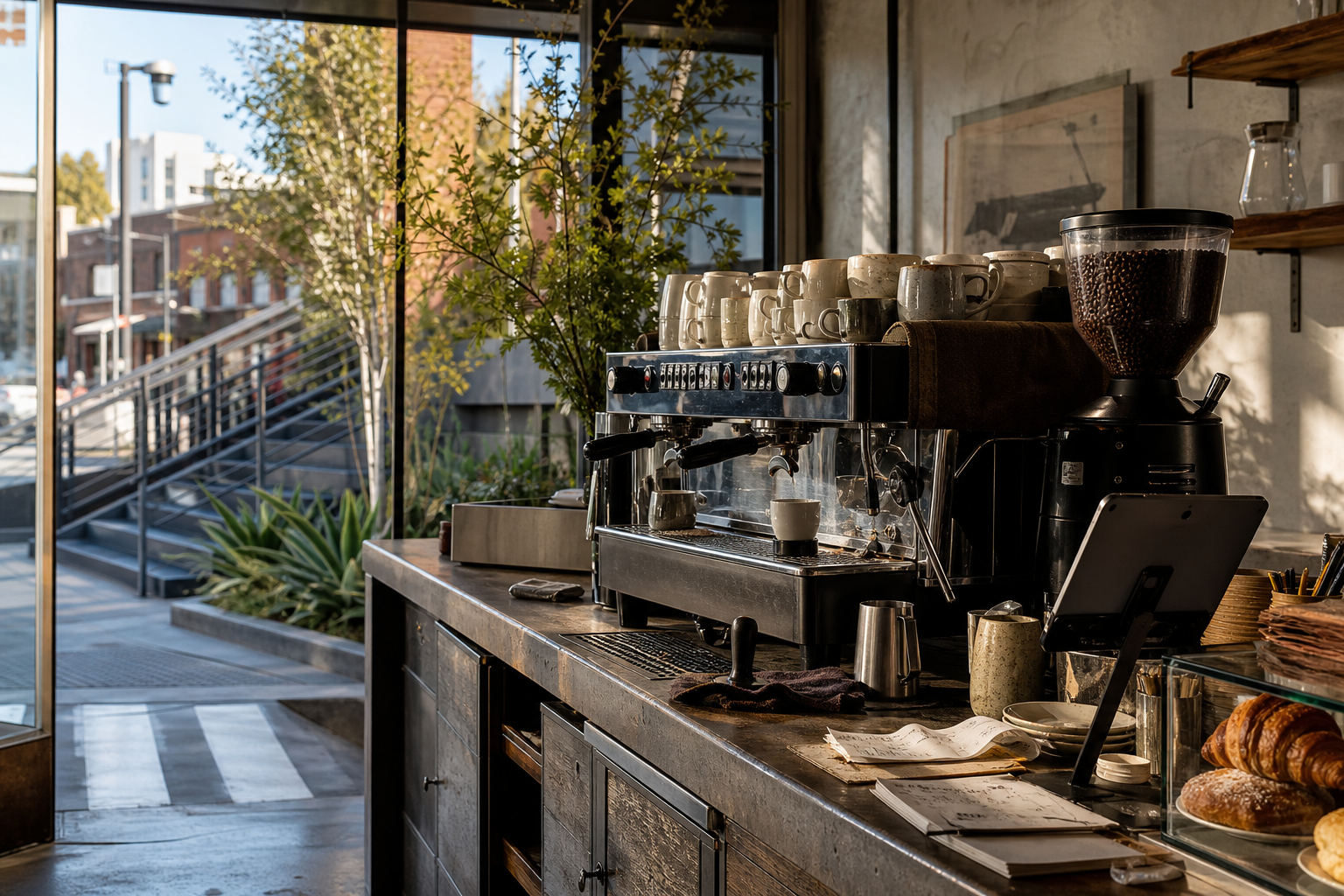Independent Culver City coffee shop interior with Pacific morning light, pastry case in the foreground