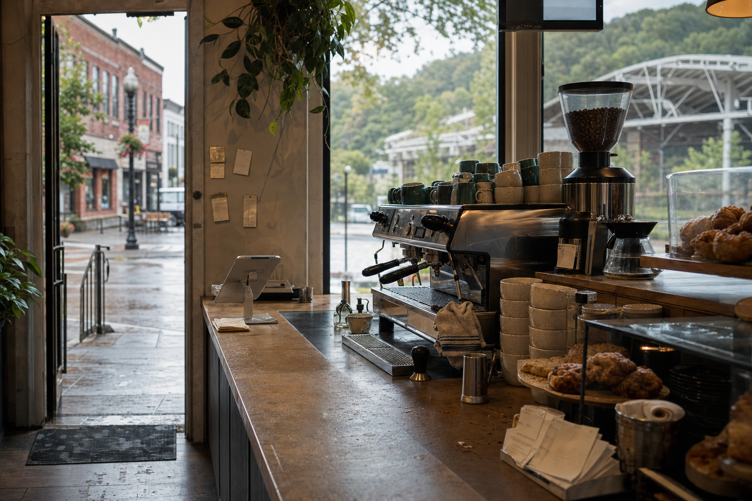 Independent Cuyahoga Falls coffee shop interior with Midwest hardwood morning light, espresso machine in the middle distance