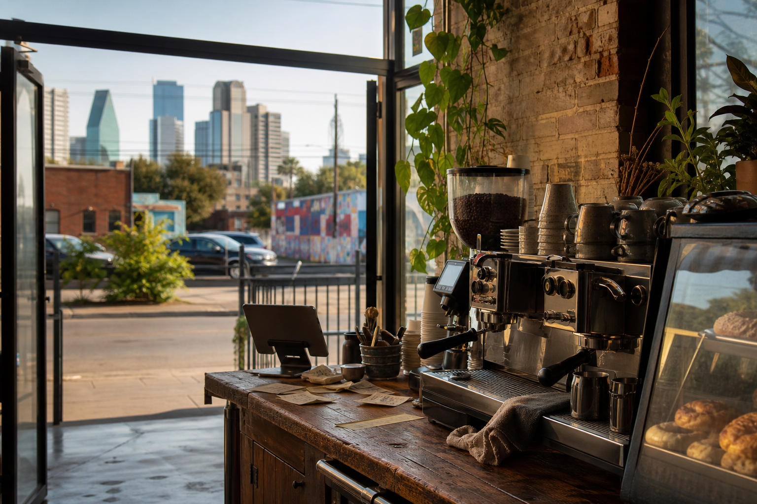 Independent Dallas coffee shop interior with Hill Country morning light, chemex pour-over in the corner