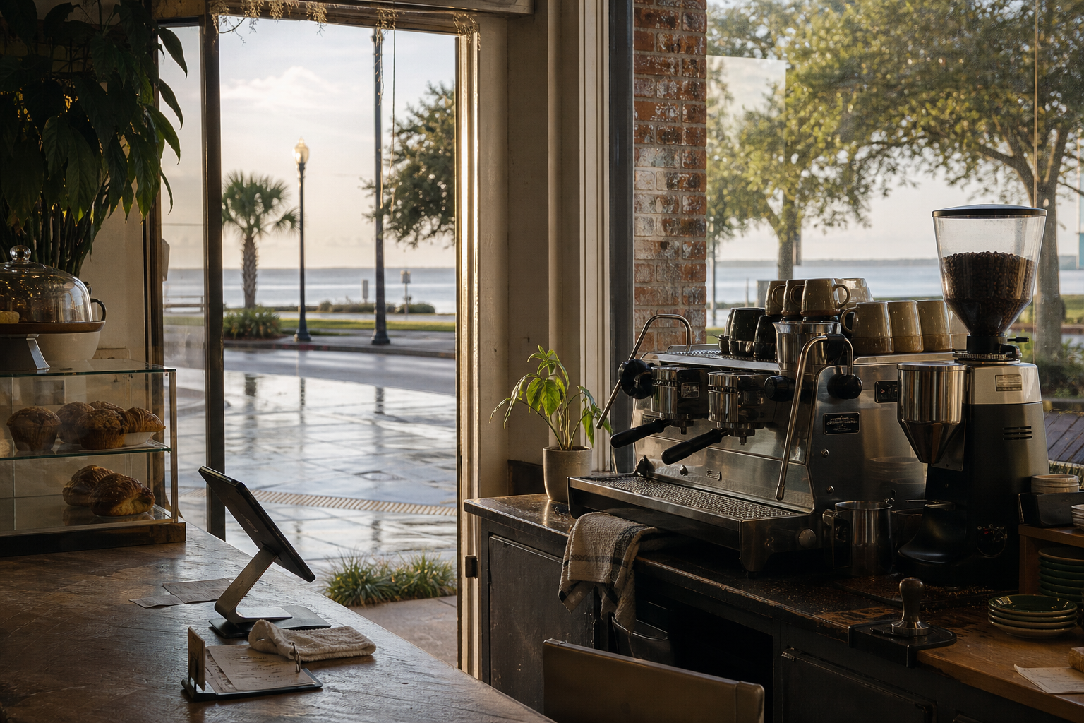 Independent Daphne coffee shop interior with humid Southern morning light, drip station in the corner