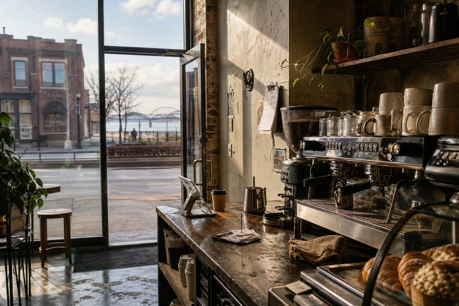 Independent Davenport coffee shop interior with Midwest hardwood morning light, espresso machine in the foreground