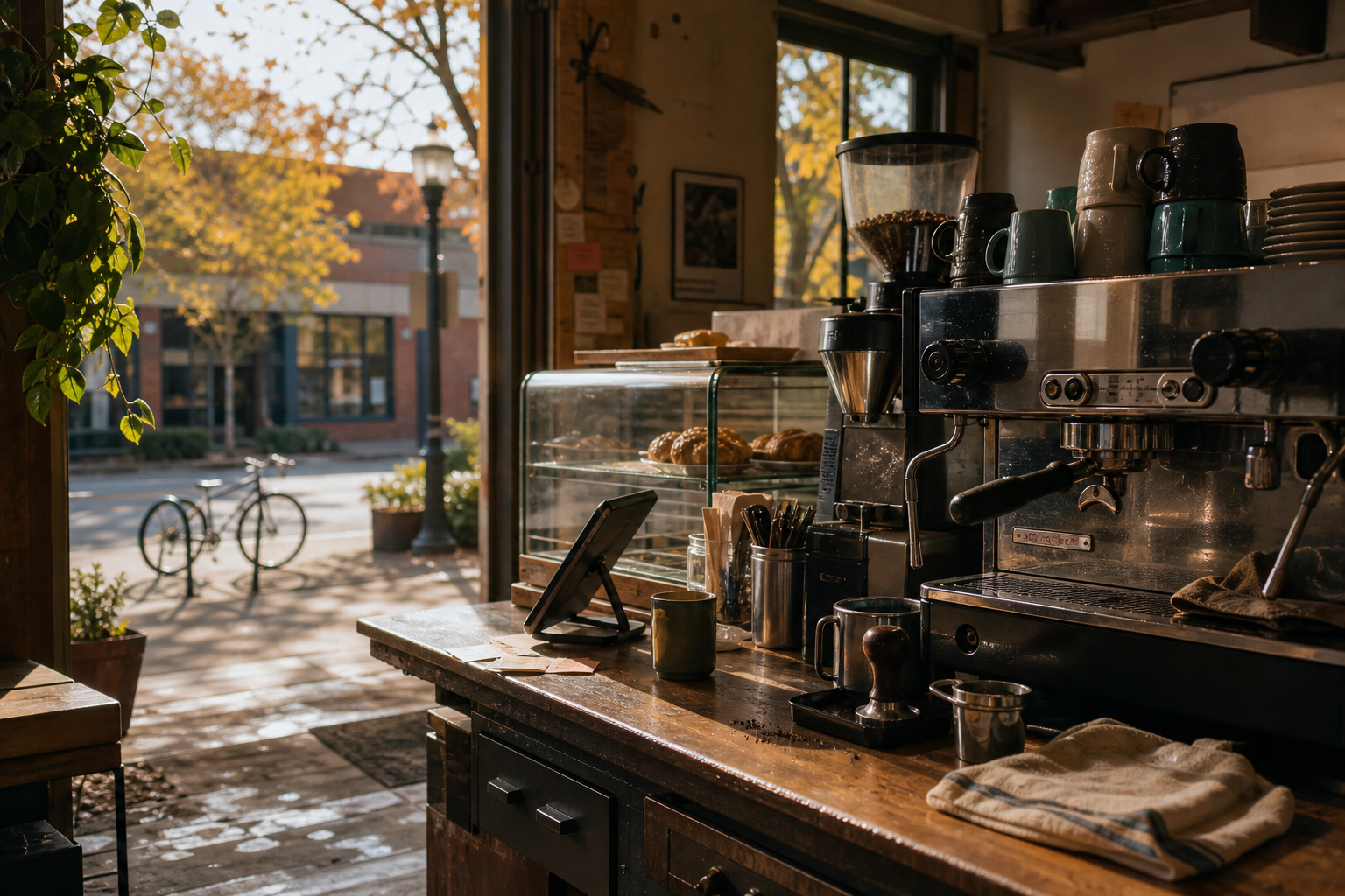 Independent Davis coffee shop interior with Pacific morning light, chemex pour-over in the corner